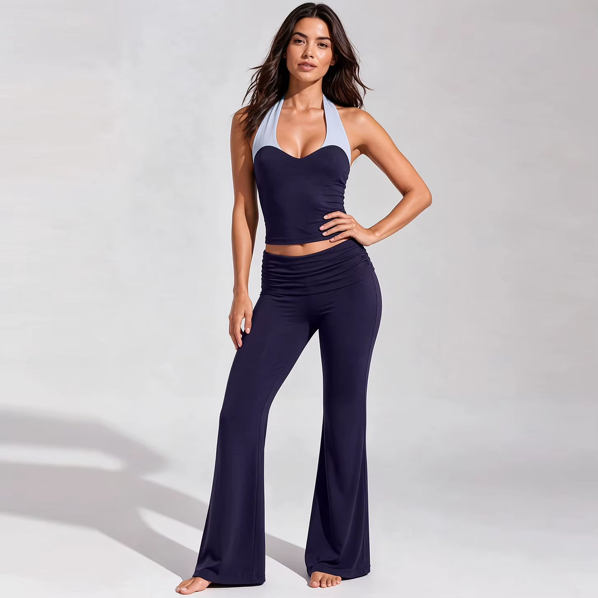 Women's Color Block Brushed Yoga Set: Halter Crop Top and High-Waist Flare Pants for Pilates and Training