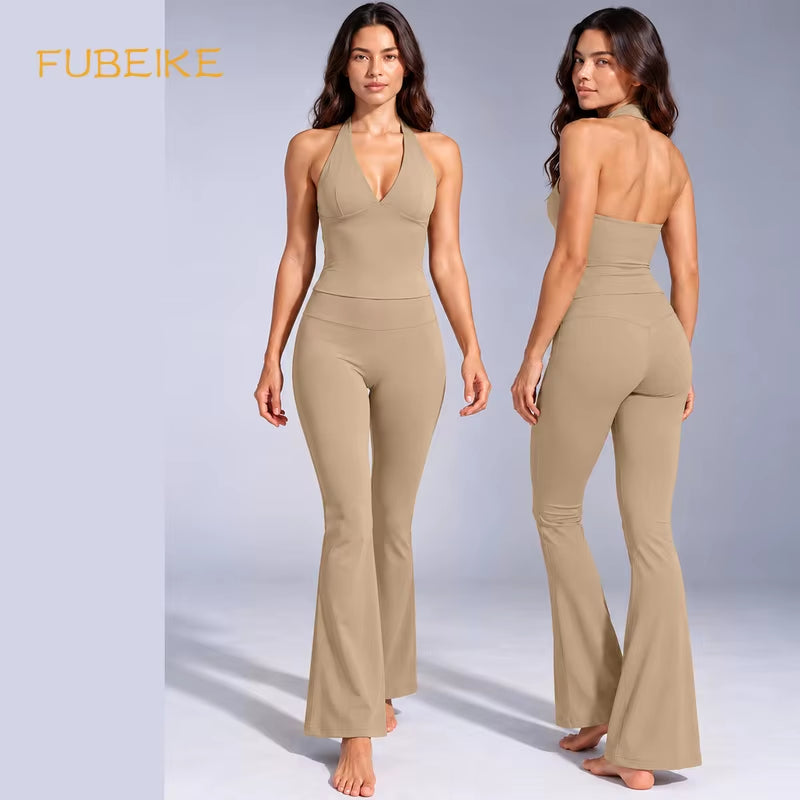 Women's Fitness 2 Set Halter Backless Seamless High Stretch Top and High Waist for Pilates Activities.