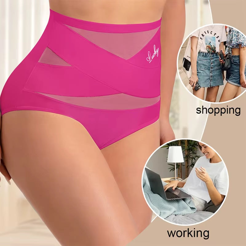 Women'S Panties High Waisted Breathable Mesh Cross Tummy Cinching Ice Silk No Trace Triangle Panties Tummy Tuck Shape Underwear