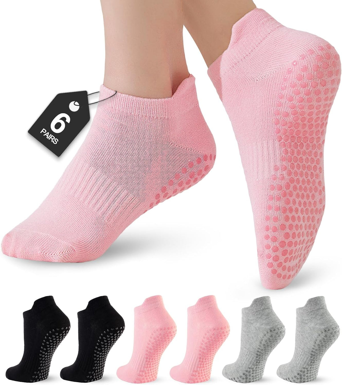 Women's Pilates Socks - 6 Pairs Non-Slip Grip Crew Socks for Yoga, Barre, Ballet, Dance, and Hospital Use