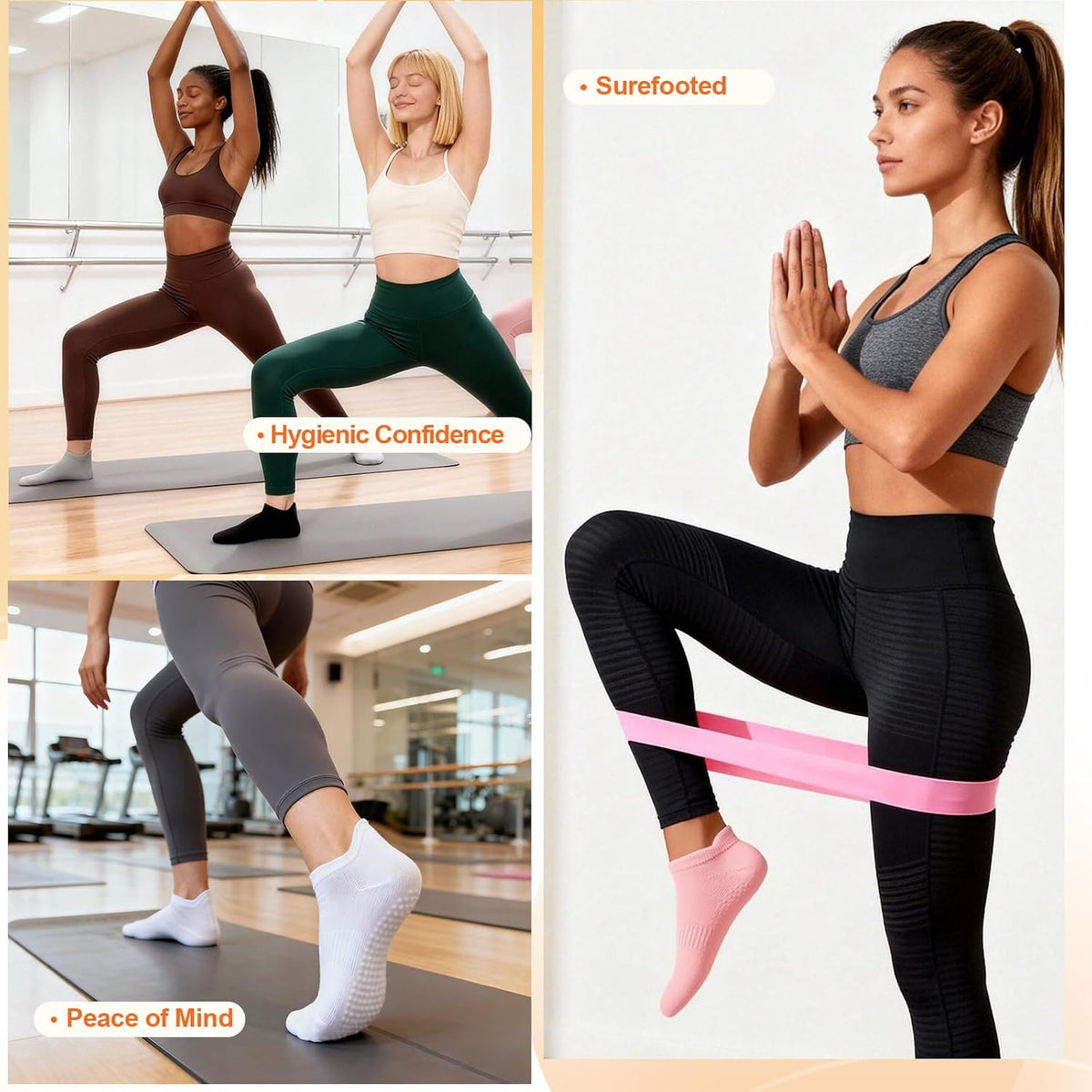 Women's Pilates Socks - 6 Pairs Non-Slip Grip Crew Socks for Yoga, Barre, Ballet, Dance, and Hospital Use