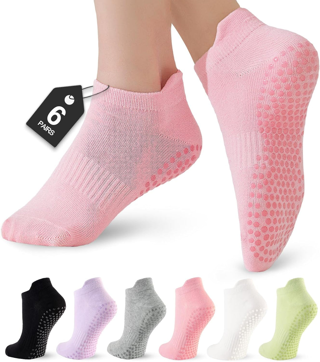 Women's Pilates Socks - 6 Pairs Non-Slip Grip Crew Socks for Yoga, Barre, Ballet, Dance, and Hospital Use
