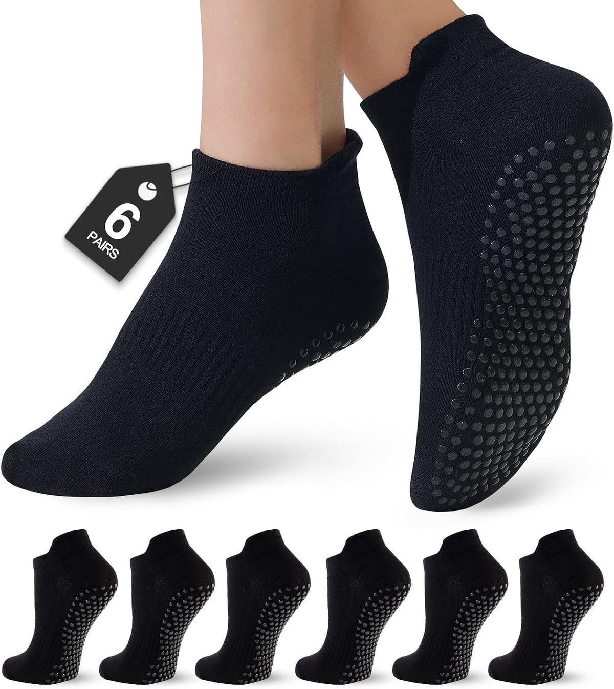 Women's Pilates Socks - 6 Pairs Non-Slip Grip Crew Socks for Yoga, Barre, Ballet, Dance, and Hospital Use