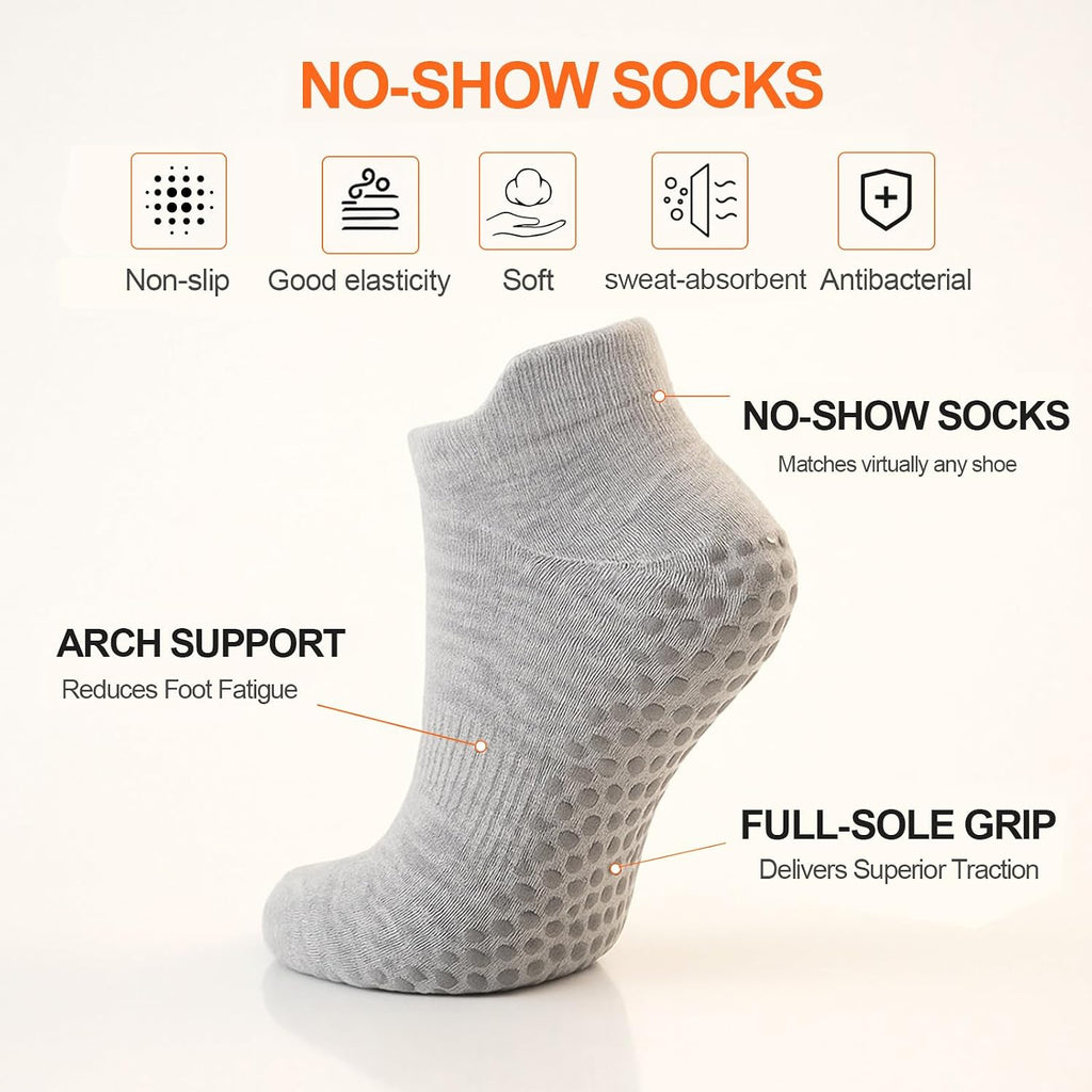 Women's Pilates Socks - 6 Pairs Non-Slip Grip Crew Socks for Yoga, Barre, Ballet, Dance, and Hospital Use