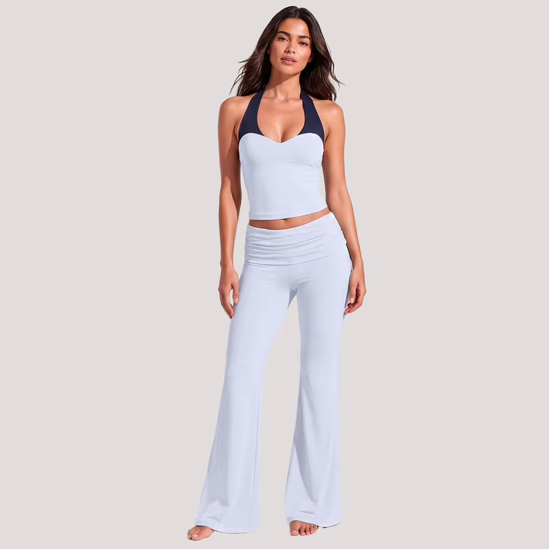 Women's Color Block Brushed Yoga Set: Halter Crop Top and High-Waist Flare Pants for Pilates and Training