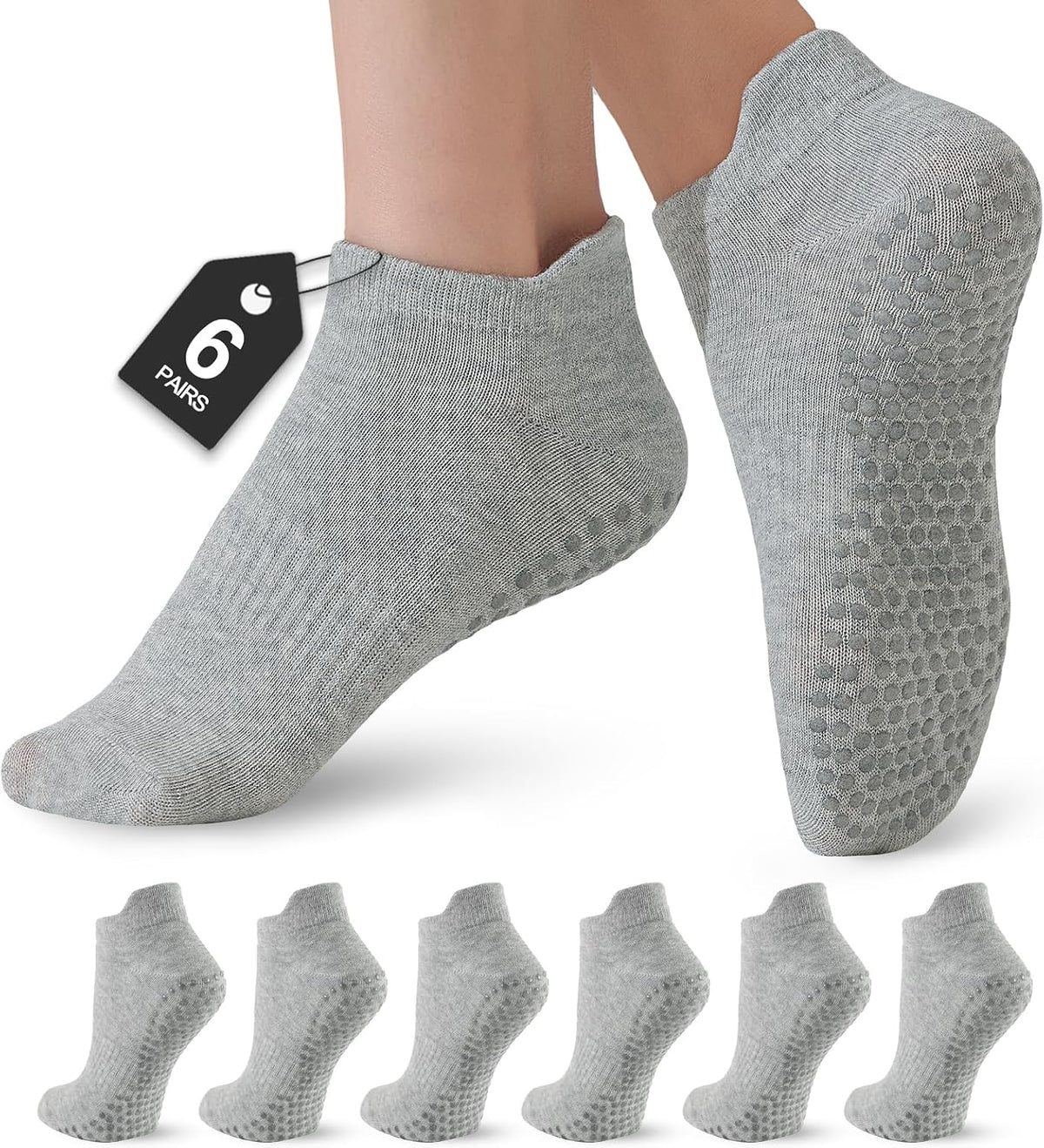 Women's Pilates Socks - 6 Pairs Non-Slip Grip Crew Socks for Yoga, Barre, Ballet, Dance, and Hospital Use