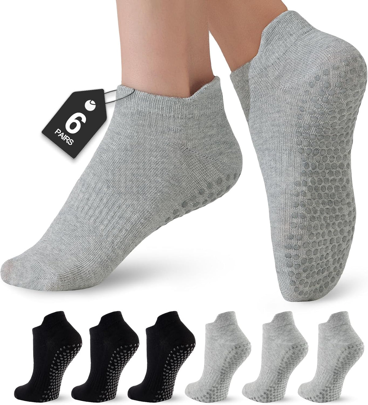Women's Pilates Socks - 6 Pairs Non-Slip Grip Crew Socks for Yoga, Barre, Ballet, Dance, and Hospital Use