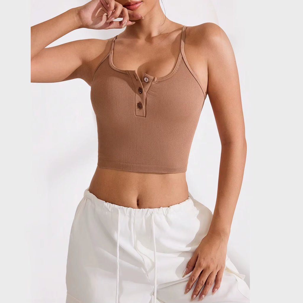 Ribbed Spaghetti Strap Crop Camisole with V-Neck and Half Button Front - Women's Summer Casual Tank Top