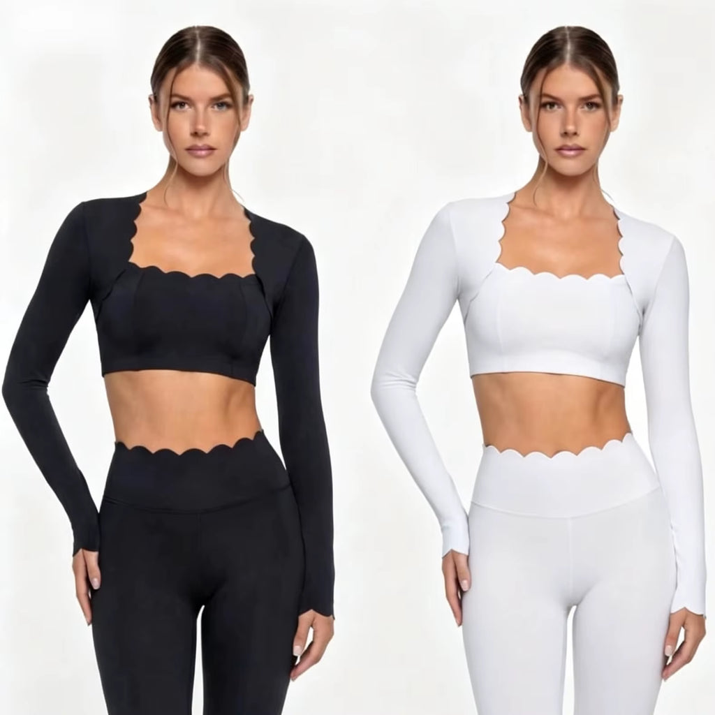 Black High Elasticity Square Neck Long Sleeve Compression Yoga Leggings for Fitness and Workouts