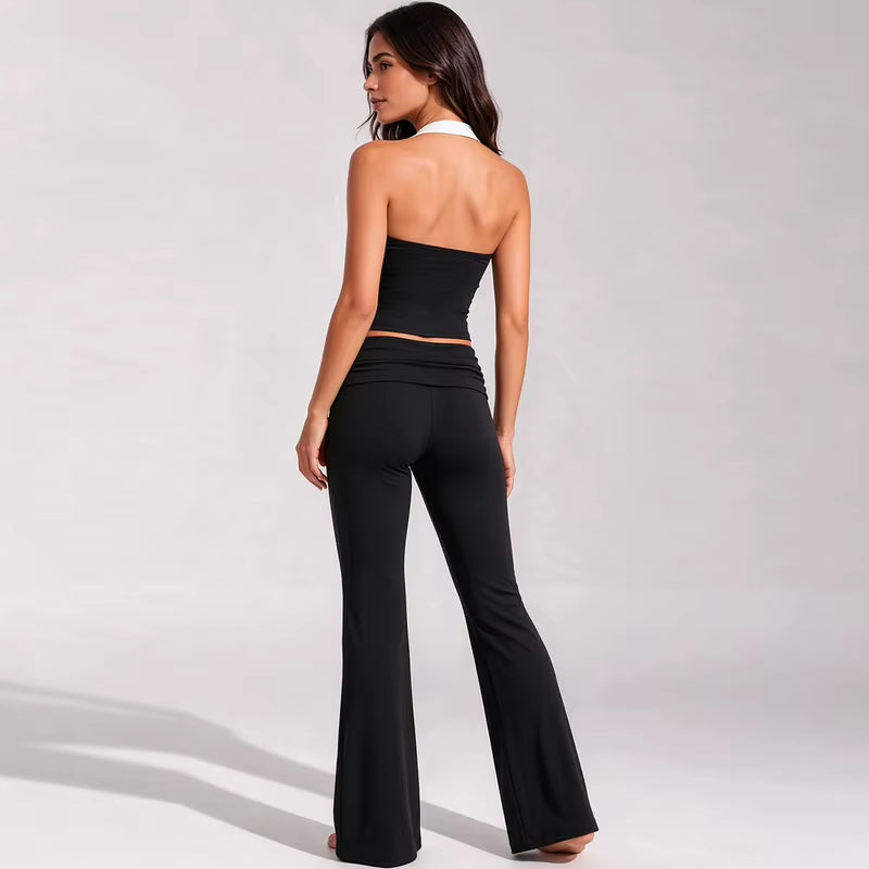 Women's Color Block Brushed Yoga Set: Halter Crop Top and High-Waist Flare Pants for Pilates and Training