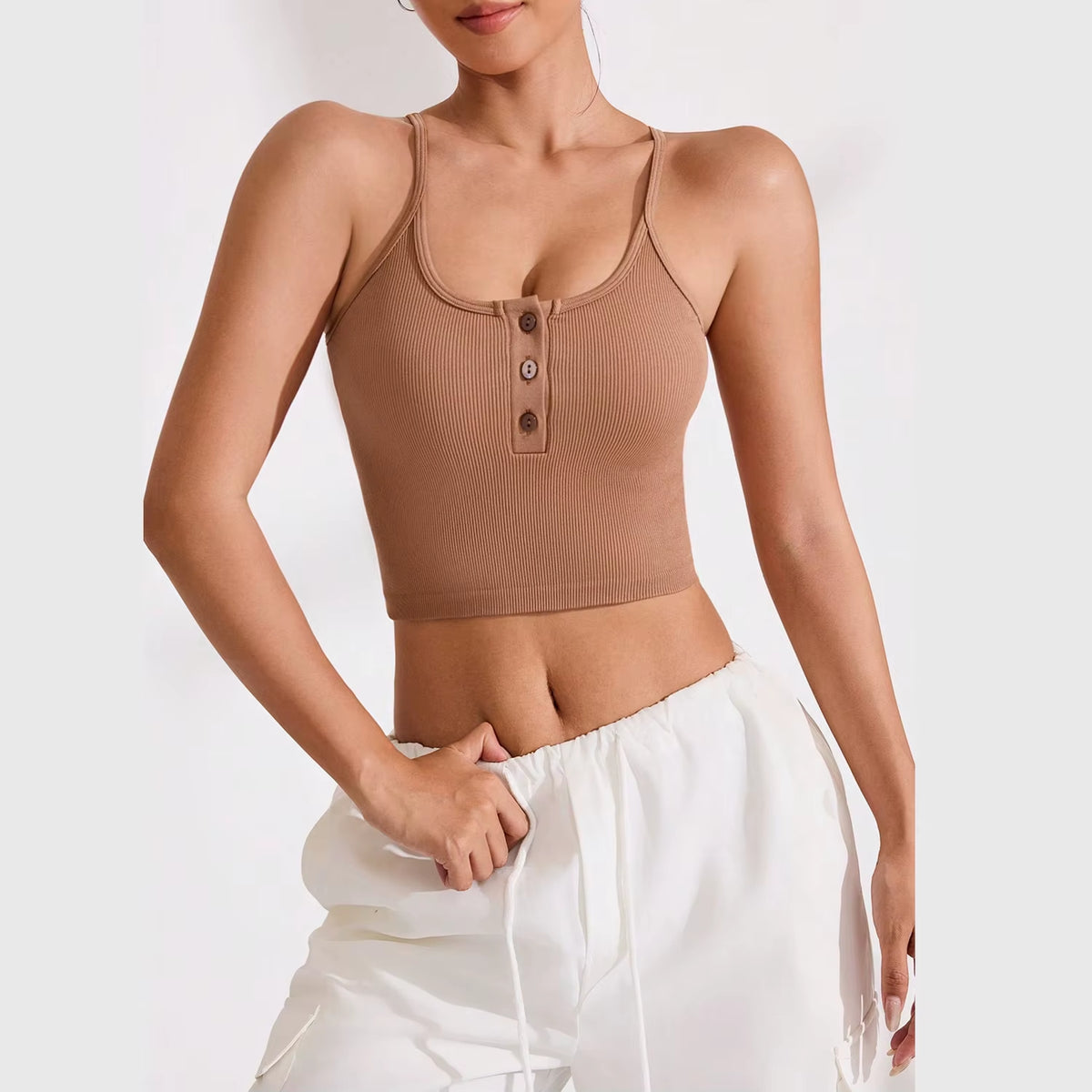 Ribbed Spaghetti Strap Crop Camisole with V-Neck and Half Button Front - Women's Summer Casual Tank Top
