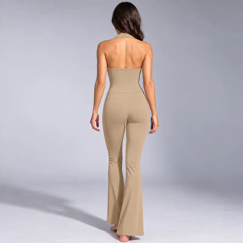 Women's Fitness 2 Set Halter Backless Seamless High Stretch Top and High Waist for Pilates Activities.