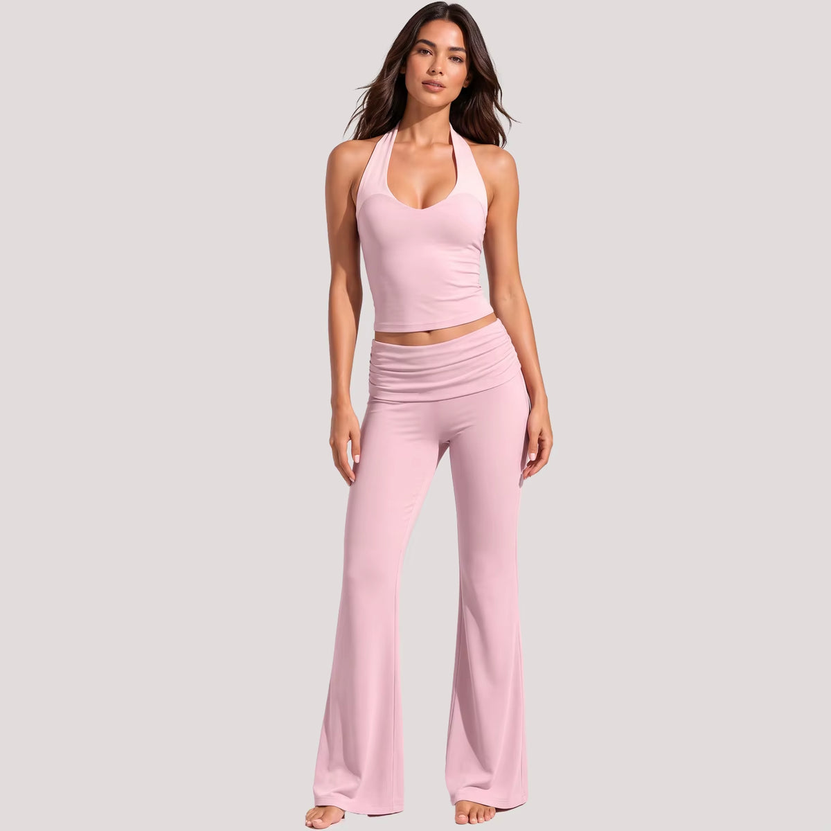 Women's Color Block Brushed Yoga Set: Halter Crop Top and High-Waist Flare Pants for Pilates and Training