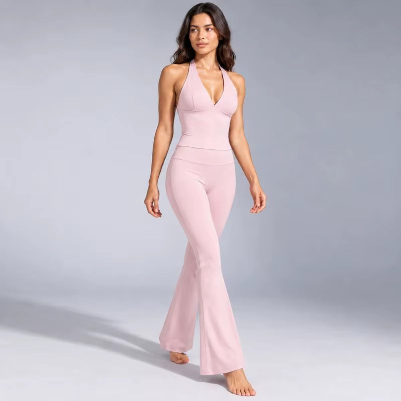 Women's Fitness 2 Set Halter Backless Seamless High Stretch Top and High Waist for Pilates Activities.