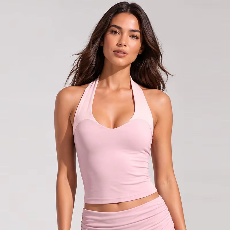 Women's Color Block Brushed Yoga Set: Halter Crop Top and High-Waist Flare Pants for Pilates and Training