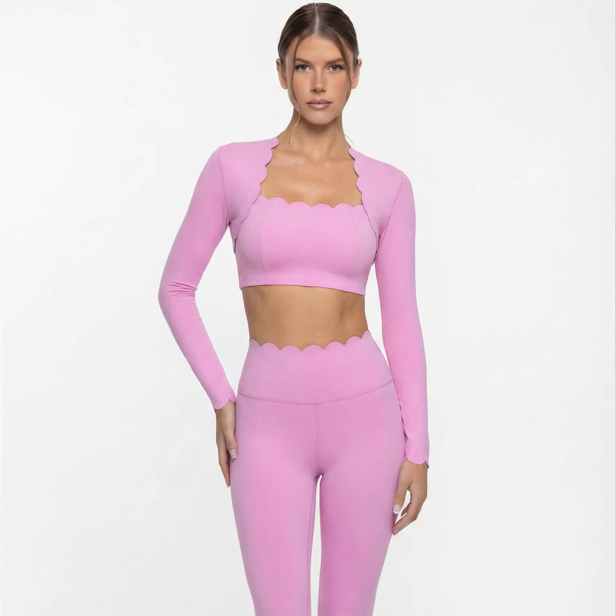 Black High Elasticity Square Neck Long Sleeve Compression Yoga Leggings for Fitness and Workouts